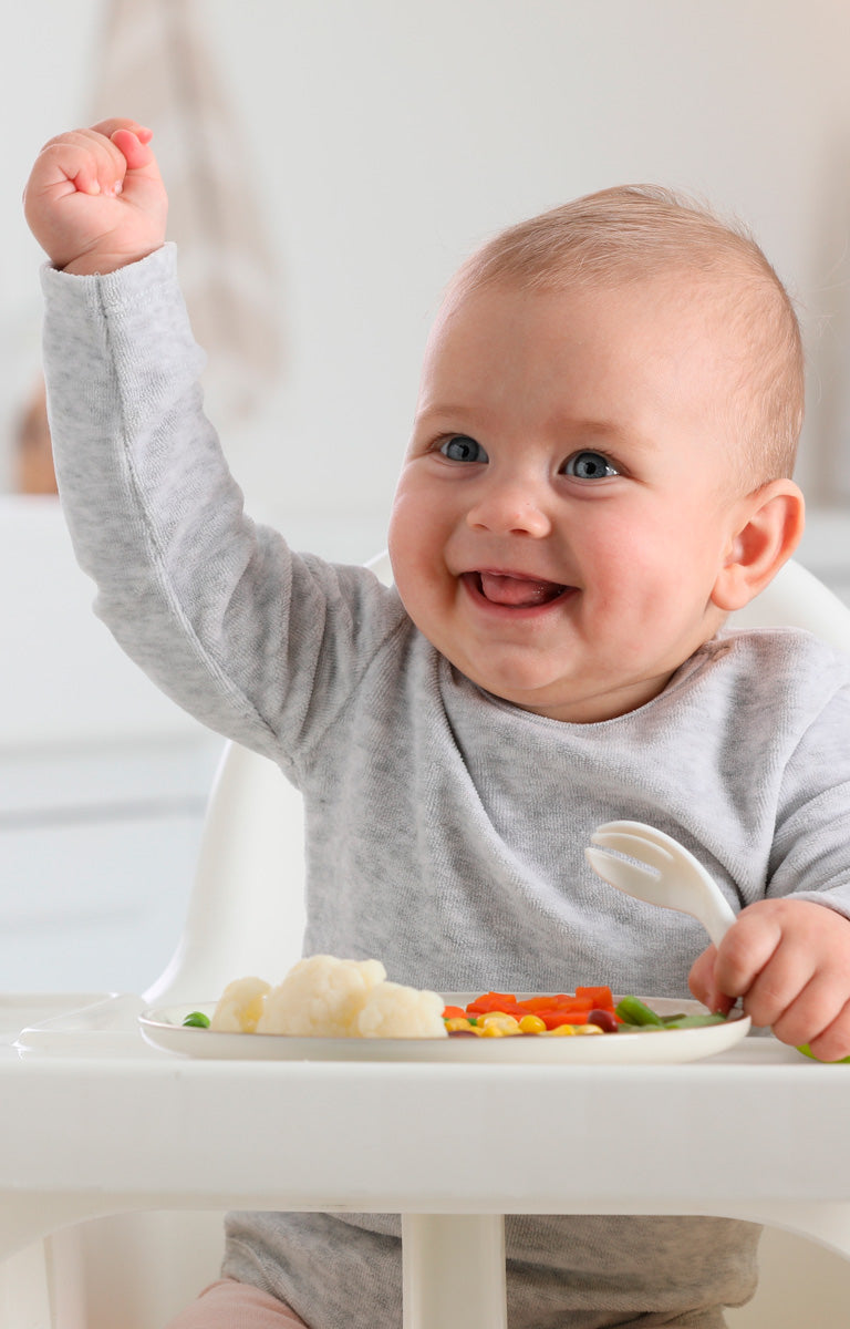 bebé con comida en su plato